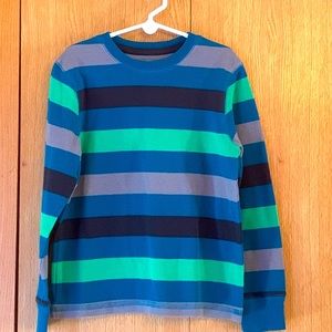 Boy’s size 7X Cotton blend crewneck striped pull over sweatshirt gray blue green